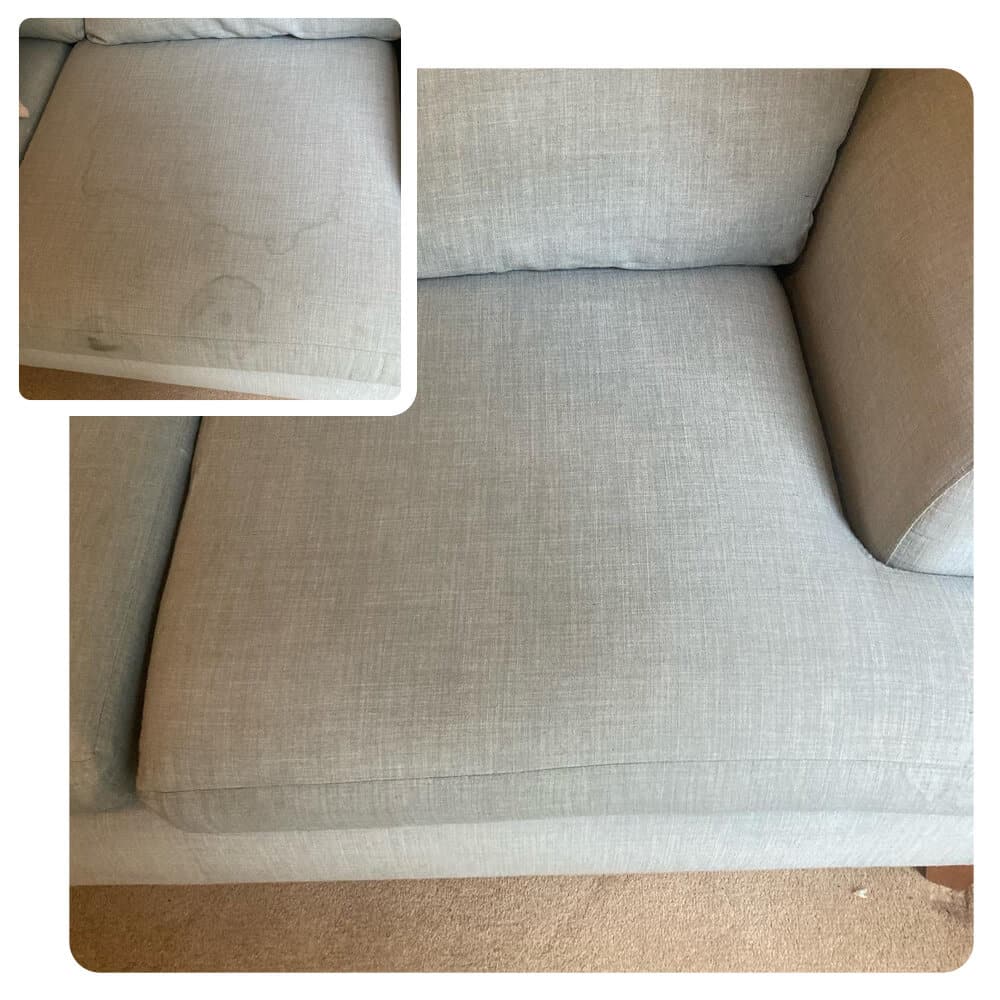 Before and after sofa stain removal and upholstery cleaning services in Greater Manchester.